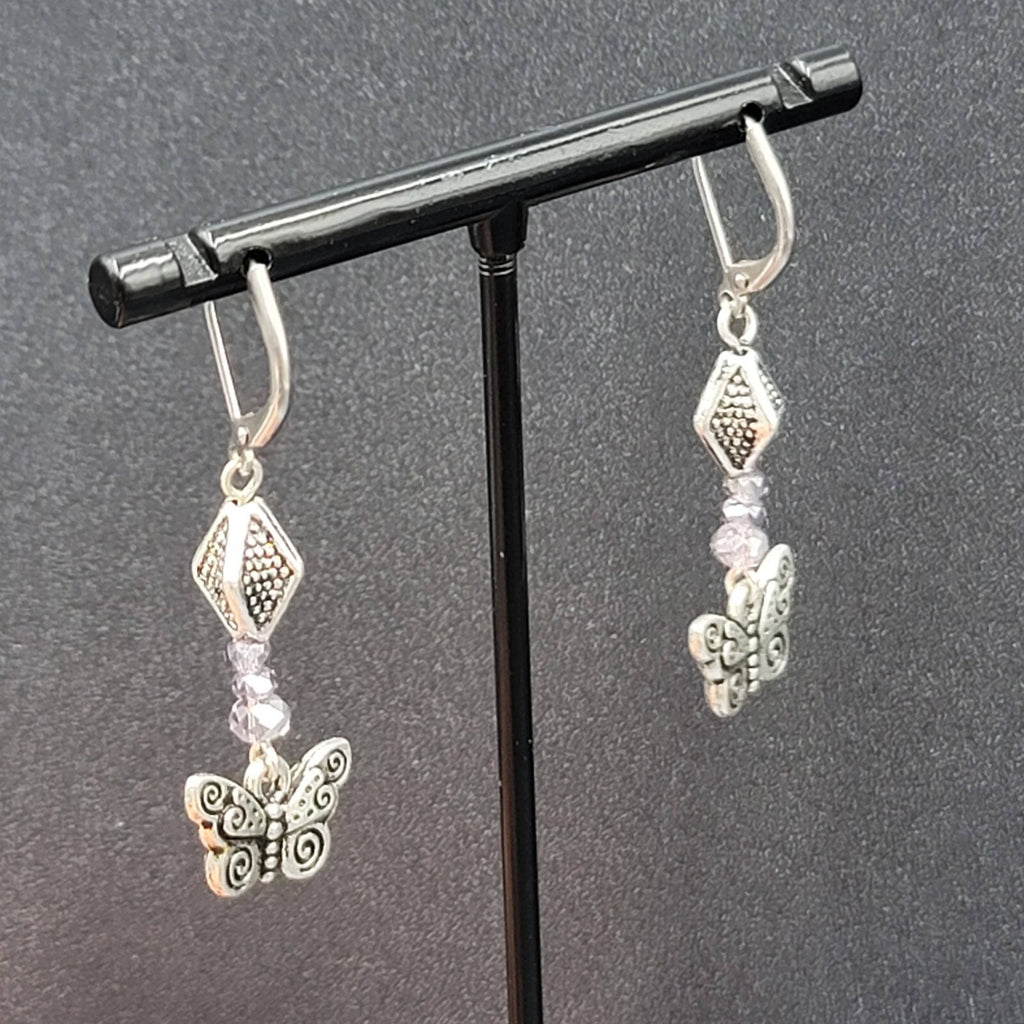 Butterfly Pierced Earrings Silver tone Purple Crystal Bead Dangle 1.25"