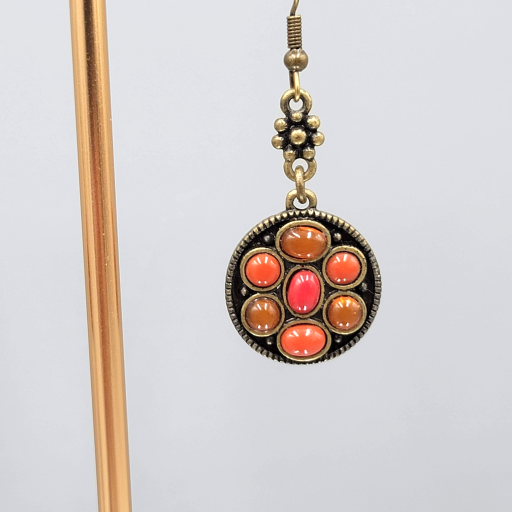 Orange Cabochon Pierced Earrings Bronze tone Dangle Round 1 1/8 in