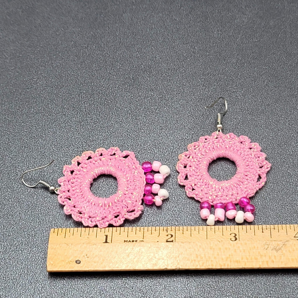 Pierced Earrings Pink Crochet Bead Dangle 1 7/8"