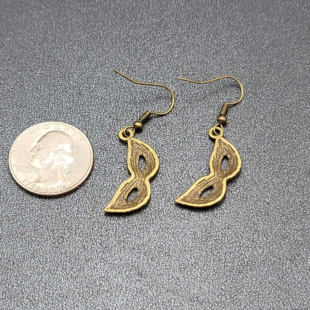 Masquerade Mask Pierced Earrings Bronze tone Metal Embossed Dots Dangle  1"