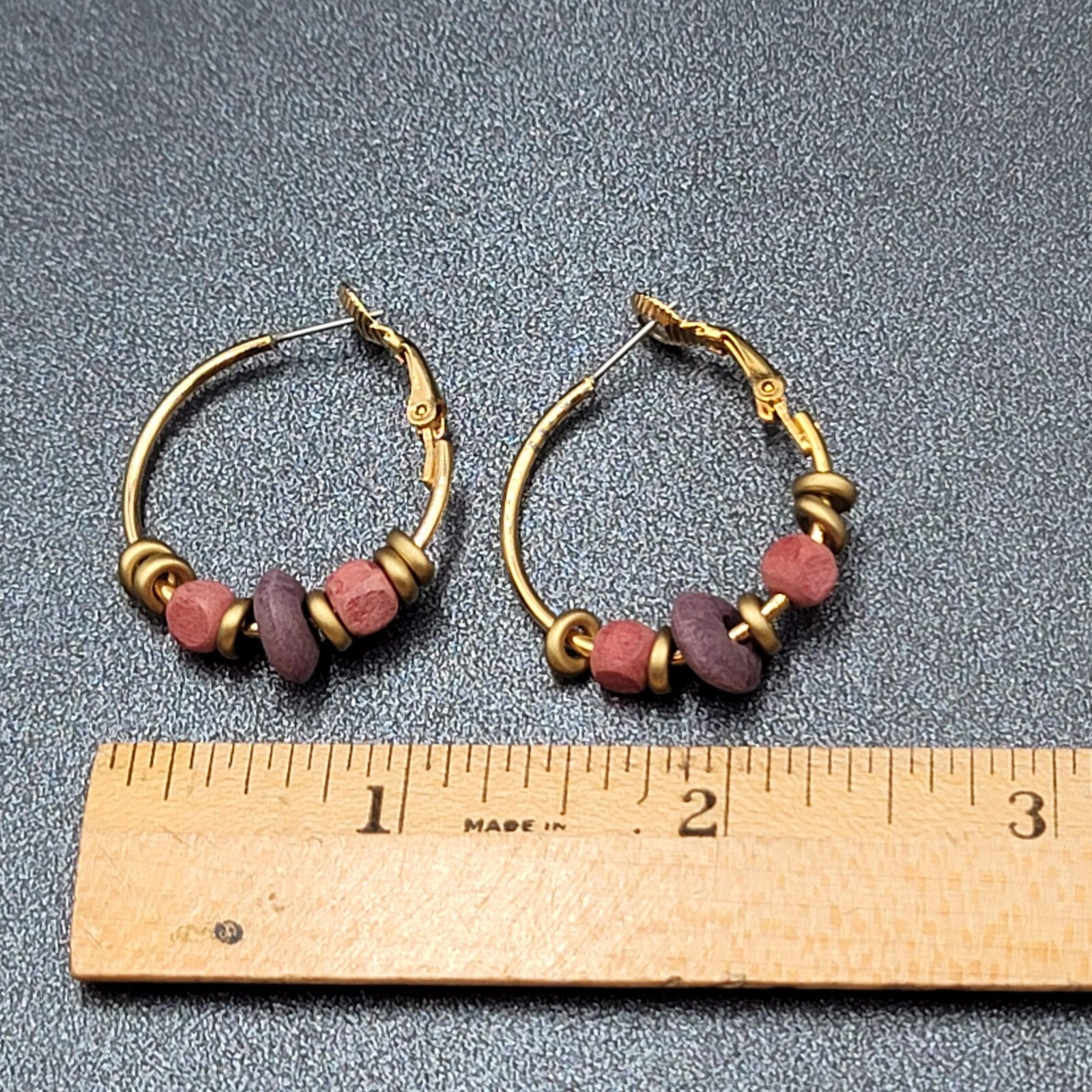 Vintage Pierced Earrings Gold tone Pink Purple Wood Beaded Hoops 1"