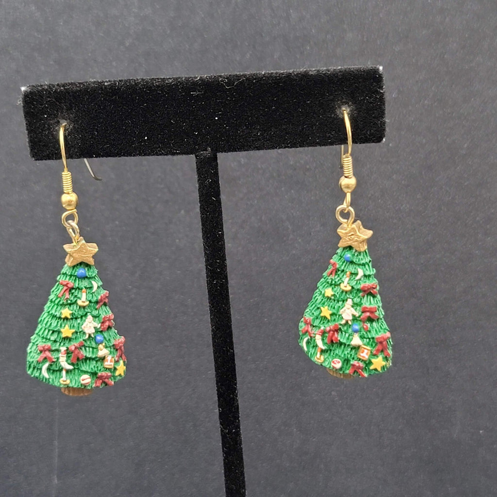 Vintage Christmas Pierced Earrings Resin Christmas Tree Dangle 1.25"