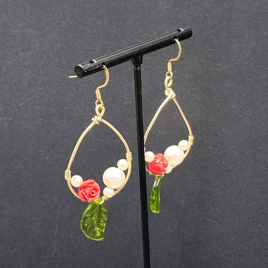 Pierced Earrings Gold tone Rose Leaf White Beads Dangle 2"