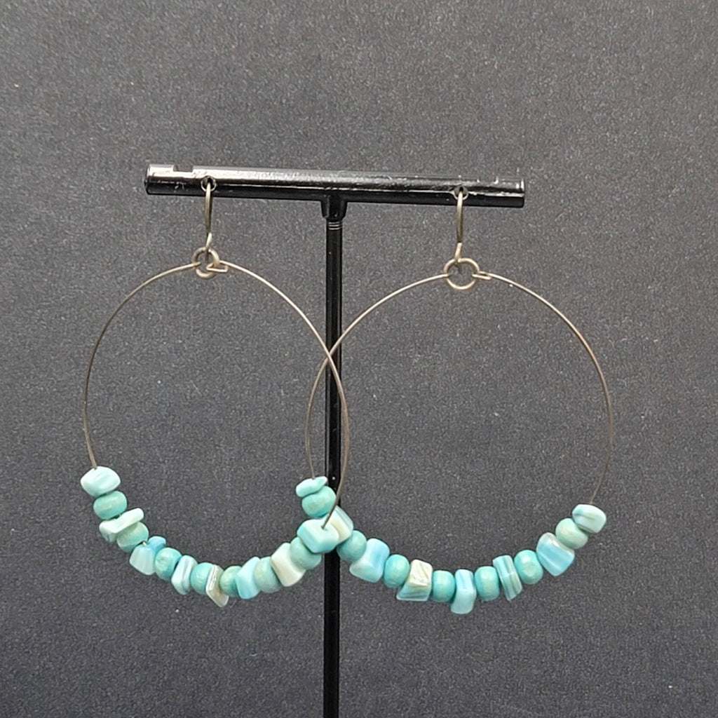 Pierced Earrings Bronze tone Blue Shell and Wood Bead Hoops  2"