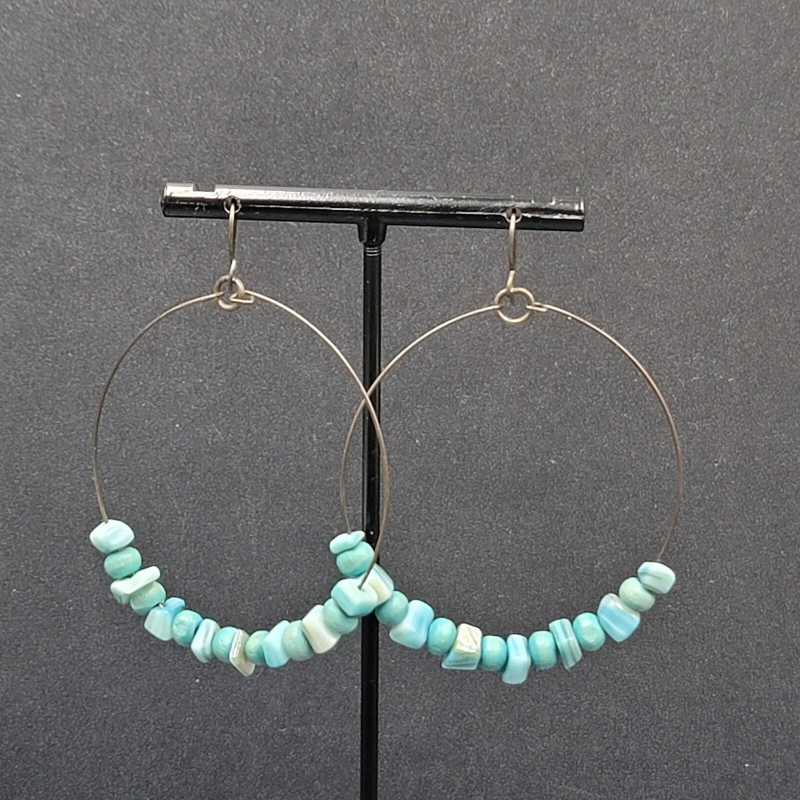 Pierced Earrings Bronze tone Blue Shell and Wood Bead Hoops  2"