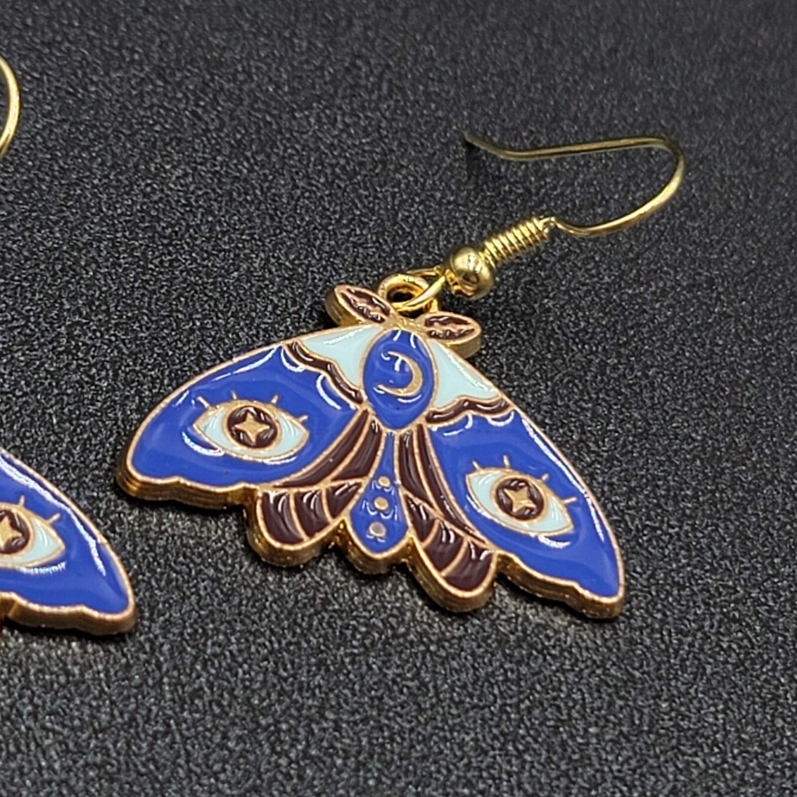 Evil Eye Moth Pierced Earrings Gold tone Blue Enamel Dangle 3/4"
