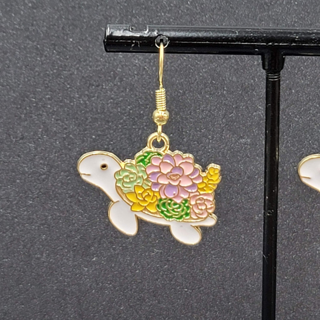 Turtle Pierced Earrings Gold tone Enamel Flowers Dangle 3/4"