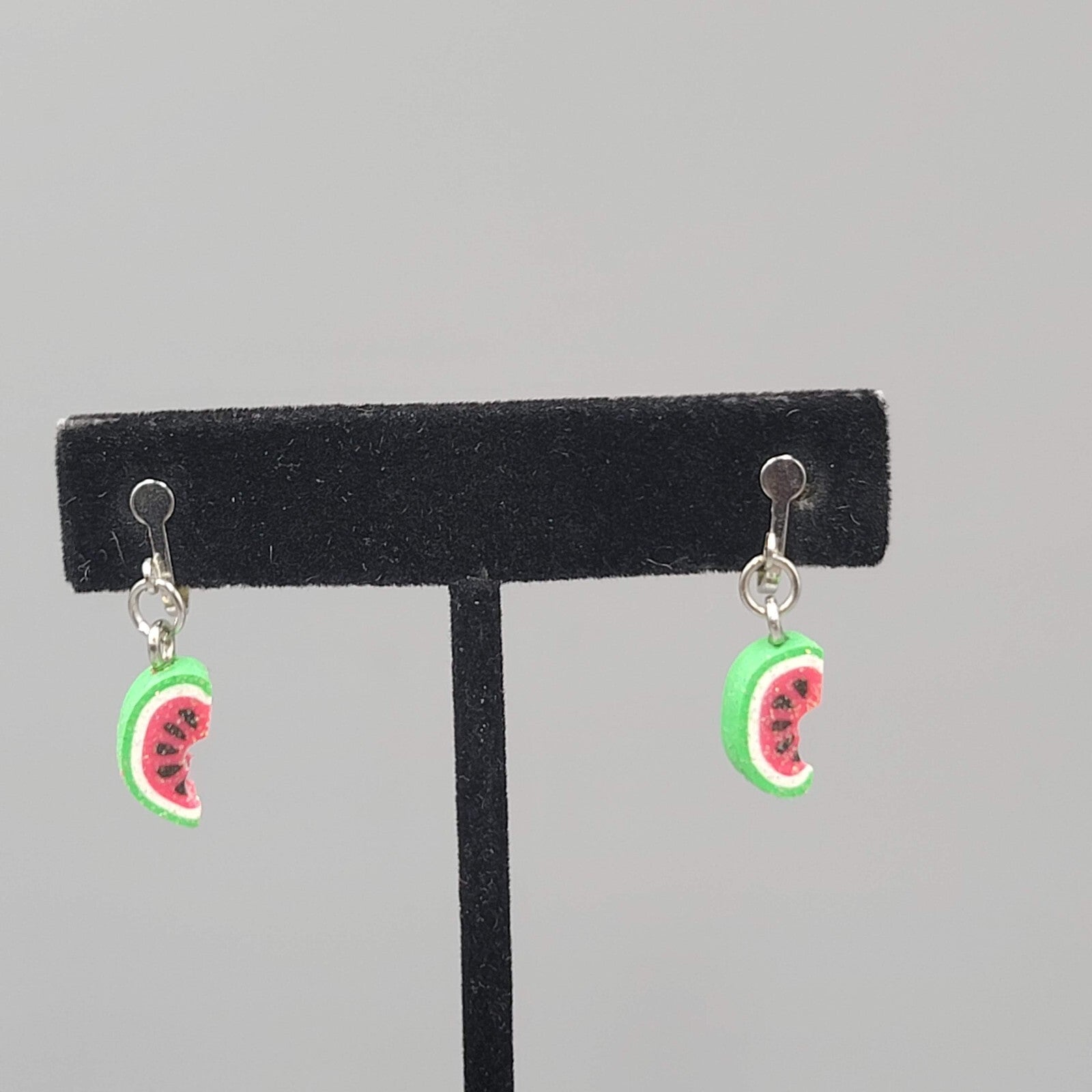 Watermelon Dangle Clip on Earrings Silver tone Cute 3/4"