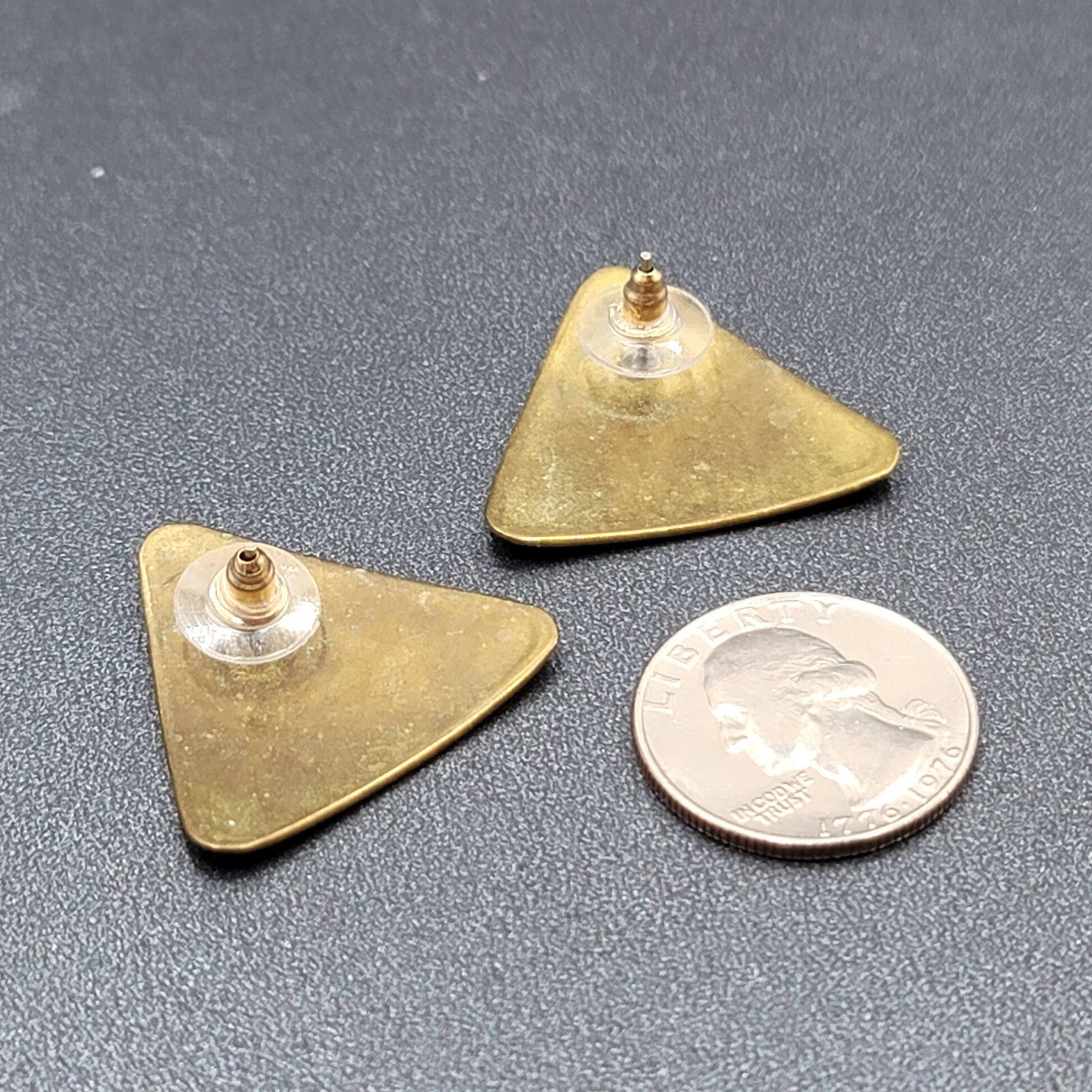 Vintage Pierced Earrings Solid Brass Textured Triangle Drop 1 1/8"