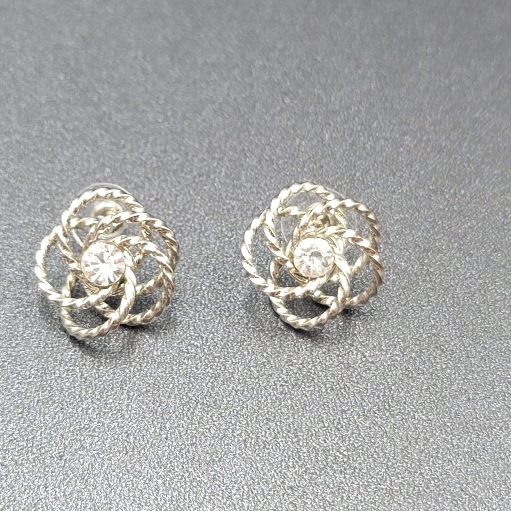 Vintage Pierced Earrings Silver tone Wire Knot Studs Rhinestone Center 3/4"