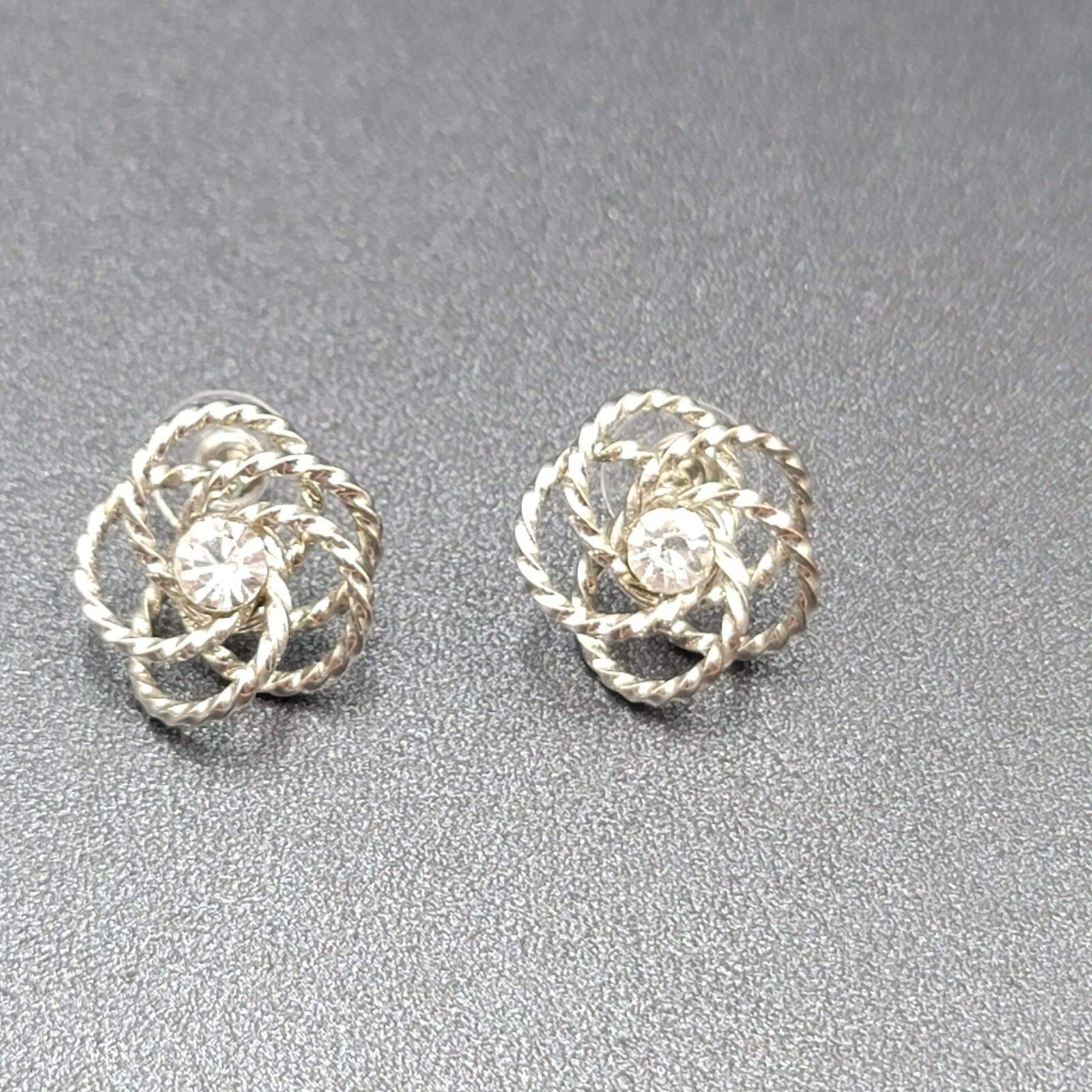 Vintage Pierced Earrings Silver tone Wire Knot Studs Rhinestone Center 3/4"