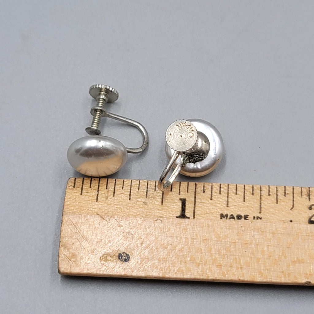 Vintage Satin Gray Round Stud Clip on Earrings Screw Back 1/2"