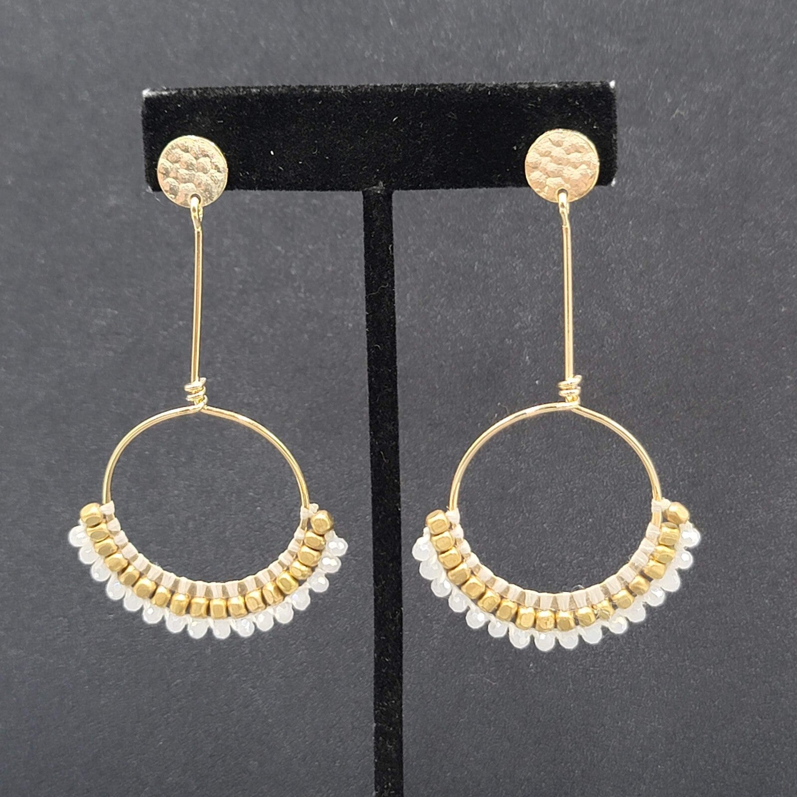 Quartz Stone Bead Pierced Earrings Long Gold tone Dangle 3"