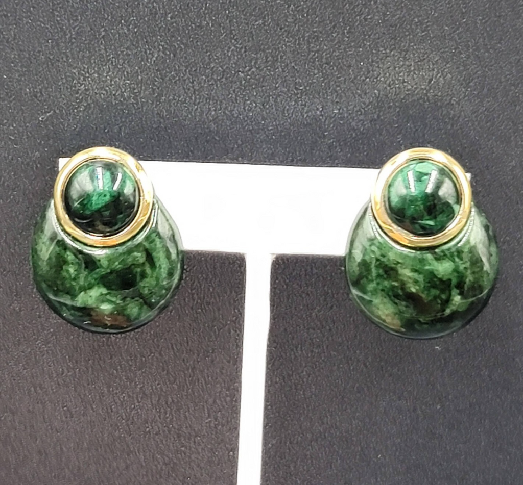 Vintage Pierced Earrings Green Marble Look Drop Acrylic 1 1/8"