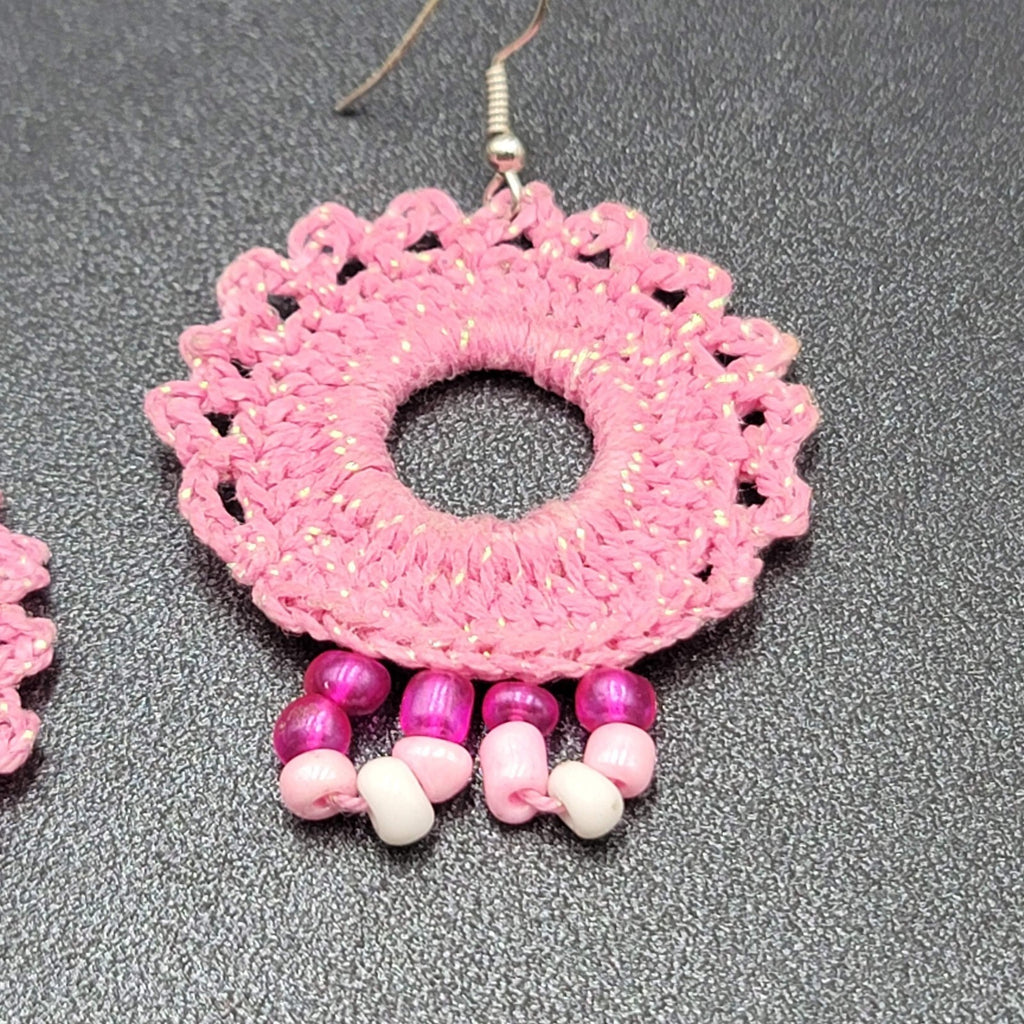 Pierced Earrings Pink Crochet Bead Dangle 1 7/8"