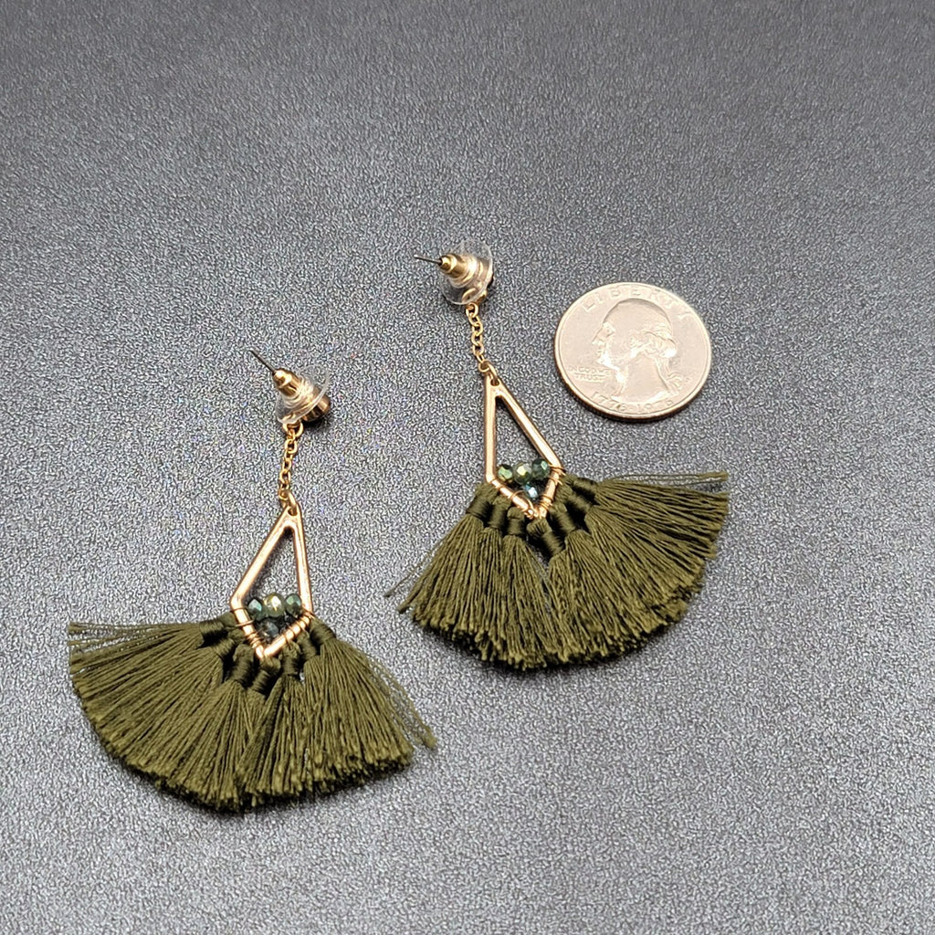 Pierced Earrings Gold tone Green Rhinestone Tassel Dangle 3"