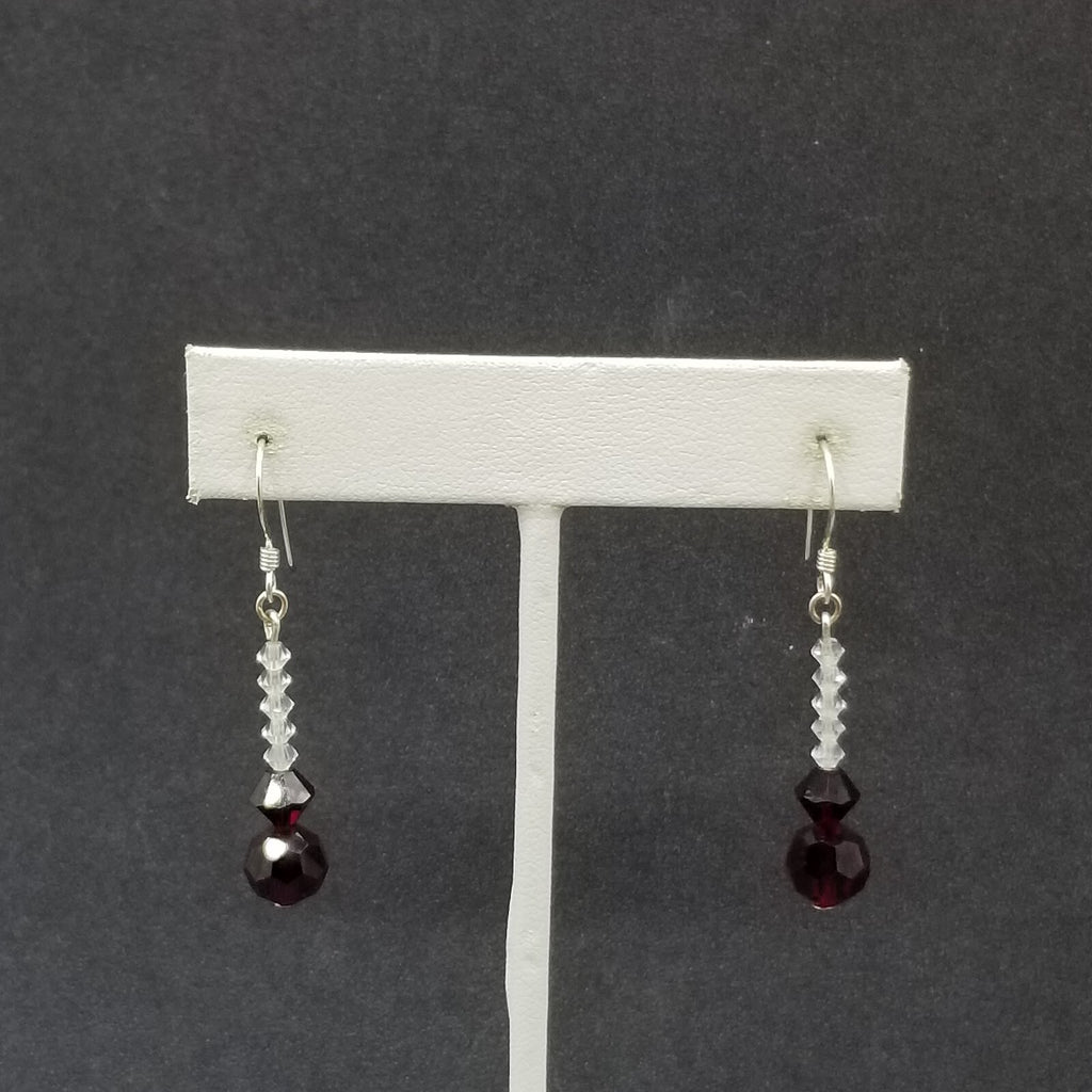 Pierced Earrings Silver tone Red Crystal Faceted Bead Dangle 1"