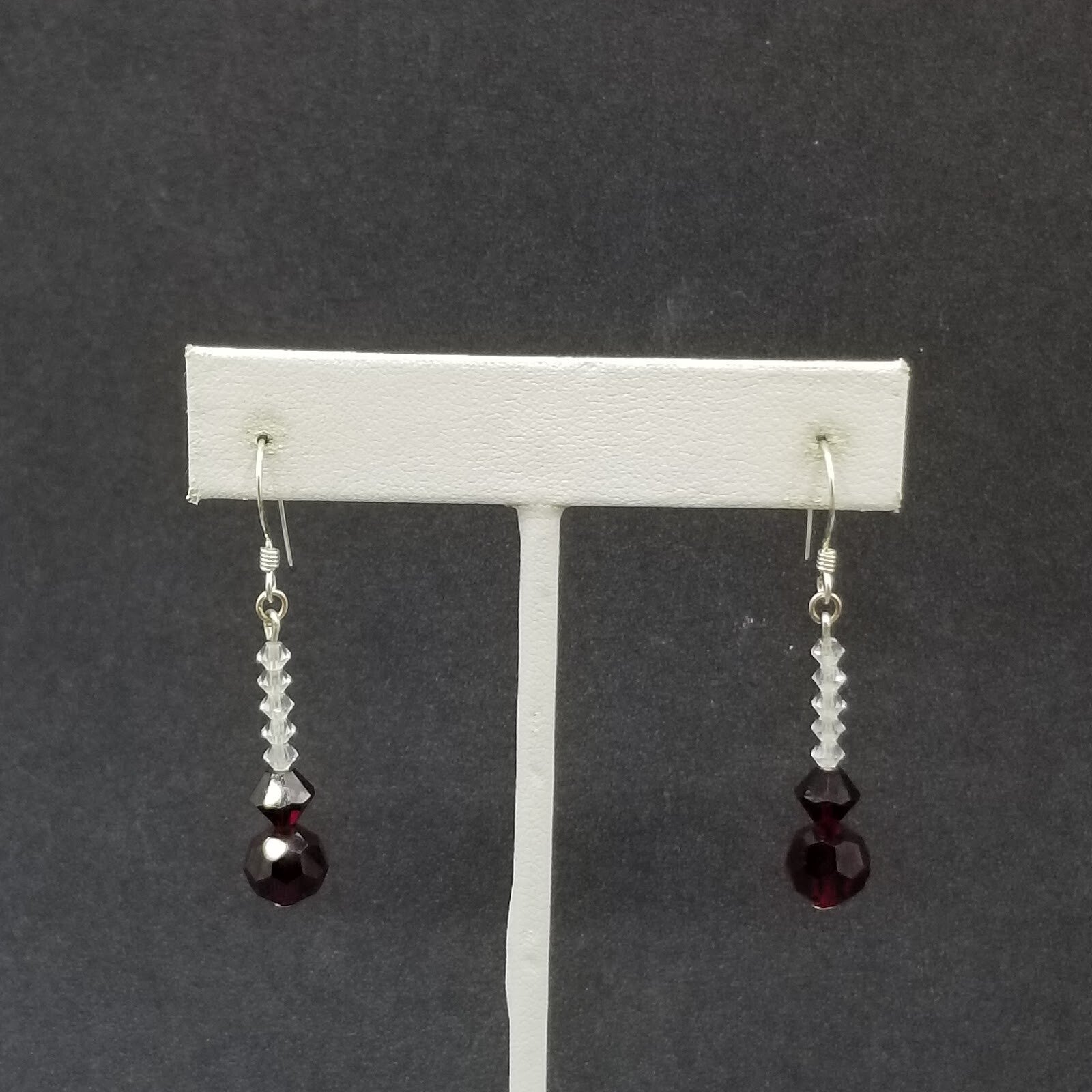 Pierced Earrings Silver tone Red Crystal Faceted Bead Dangle 1"