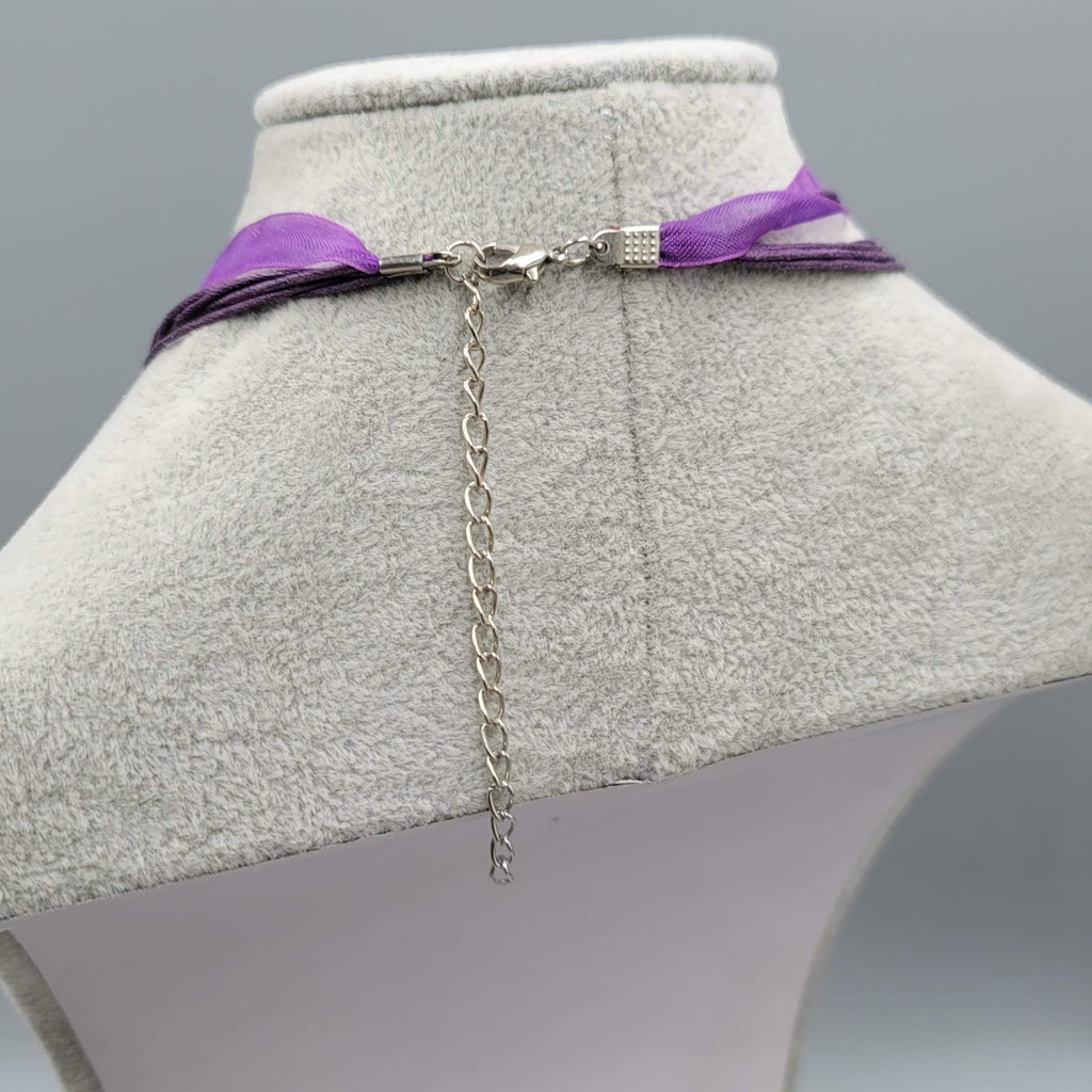 Purple Enamel Square Pendant Necklace Ribbon Cord Silver tone 16"-18"