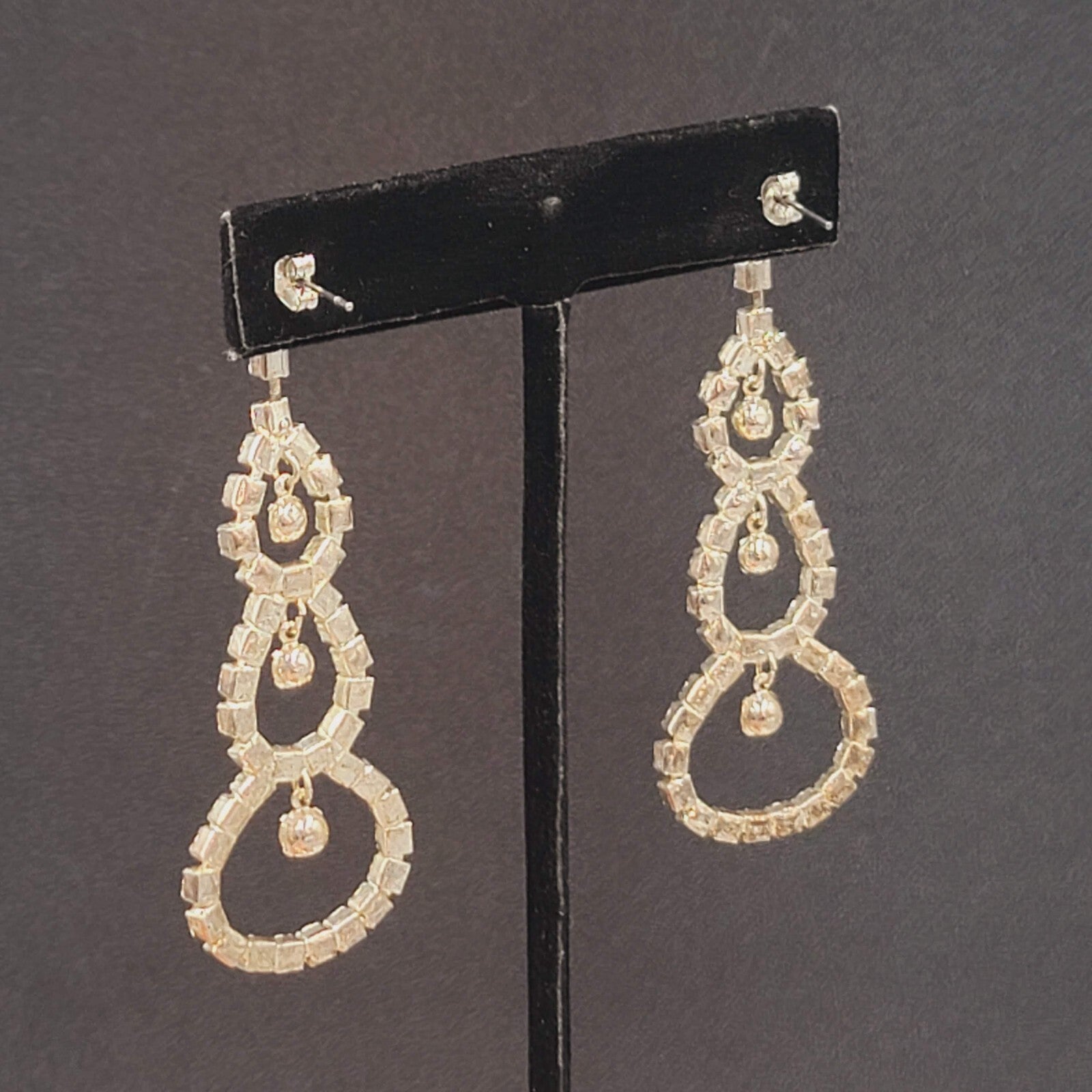 Long Rhinestone Pierced Earrings Silver tone Dangle Open Circles 2.75"