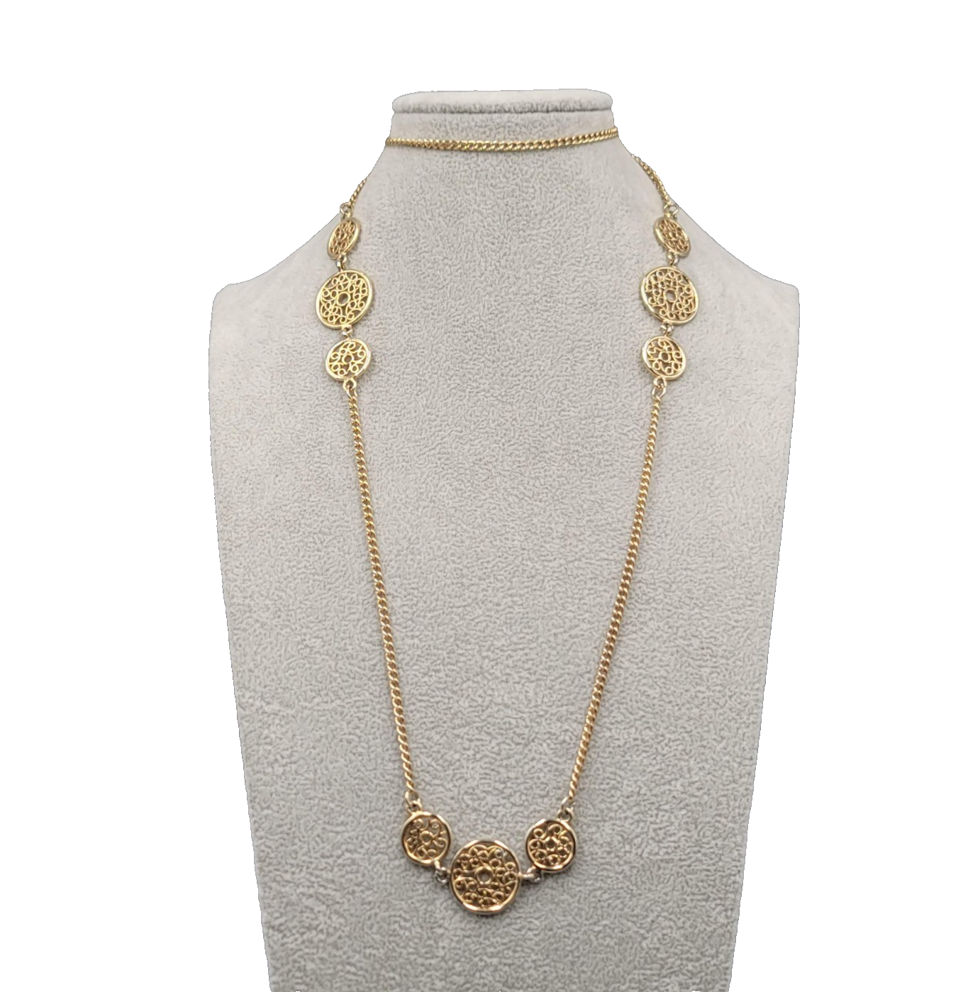 Vintage Long Chain Necklace Gold tone Open Work Round Accents 34 in