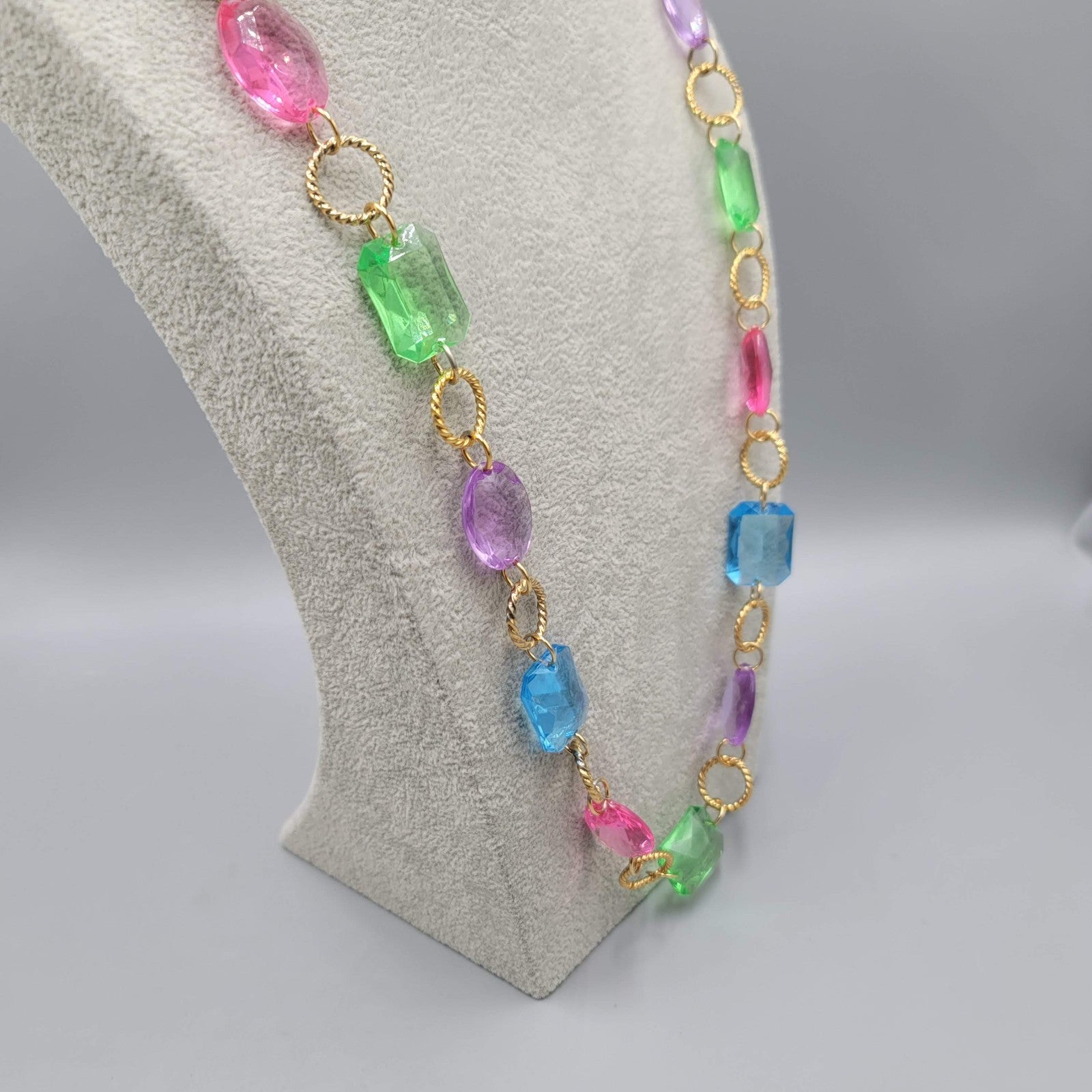 Long Statement Bead Necklace Gold tone Pink Green Blue Purple 30 in
