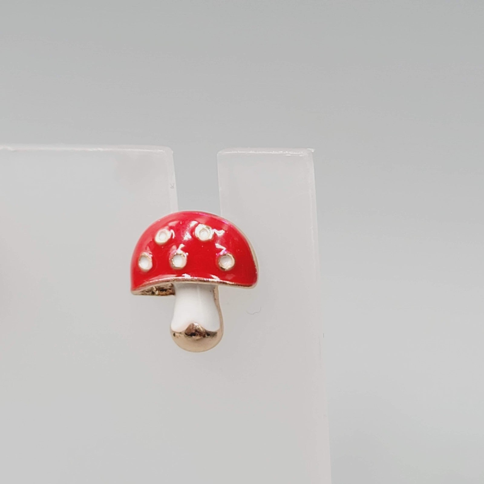 Mushroom Stud Pierced Earrings Enamel Red White Dots Gold tone 1/2"