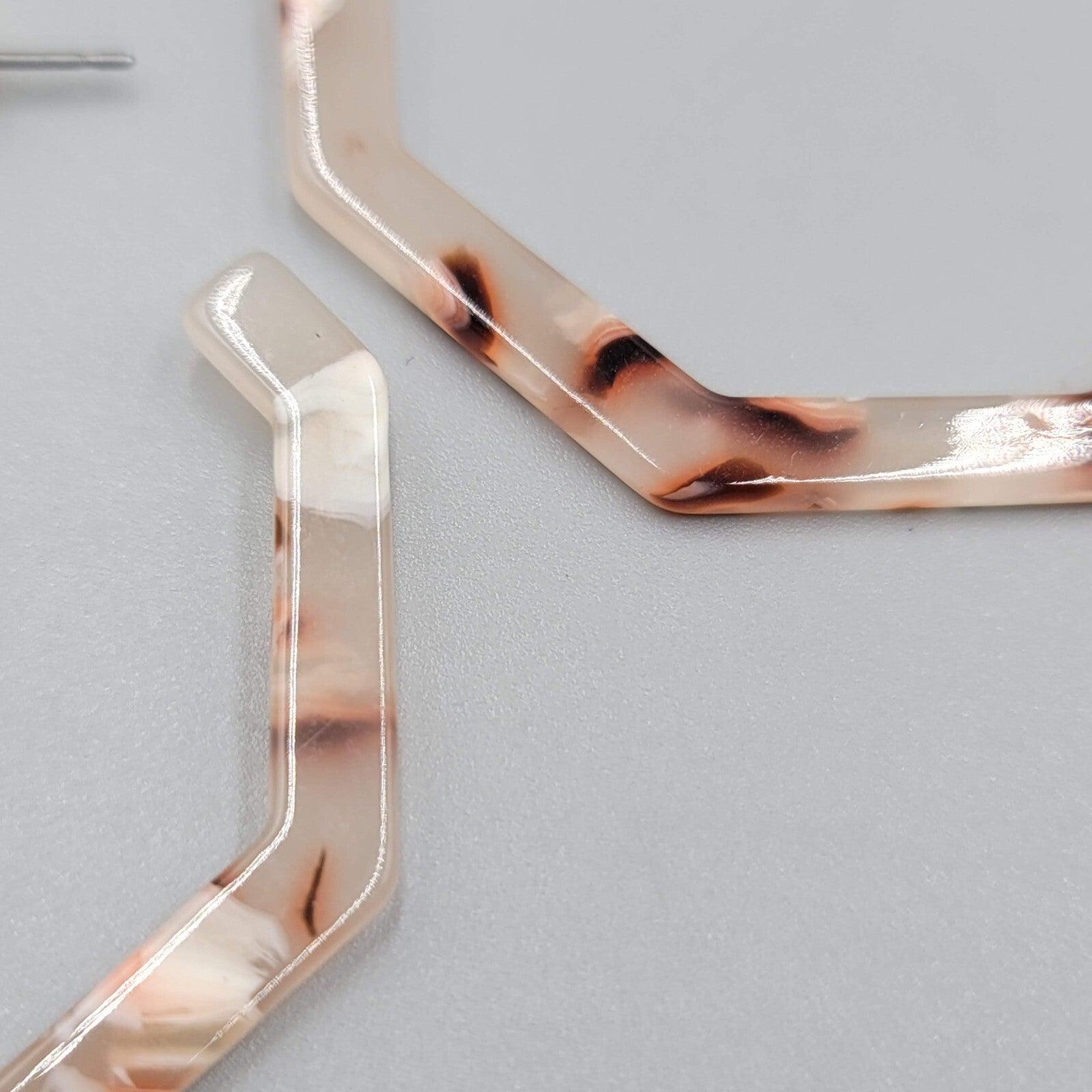 Resin Octagon Hoops Pierced Earrings Pink White Brown Swirl 2"