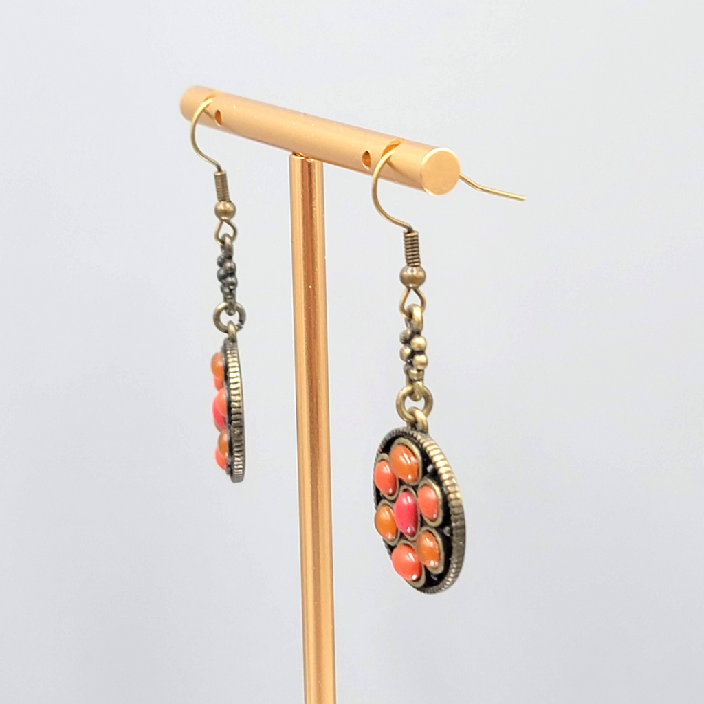 Orange Cabochon Pierced Earrings Bronze tone Dangle Round 1 1/8 in