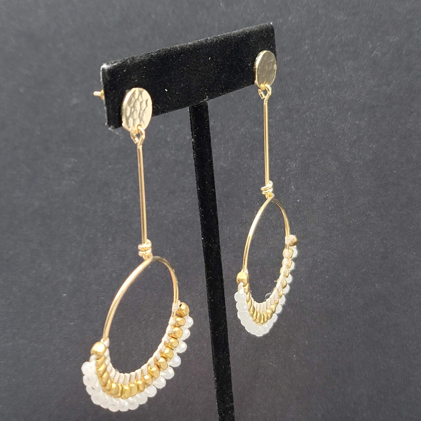 Quartz Stone Bead Pierced Earrings Long Gold tone Dangle 3"