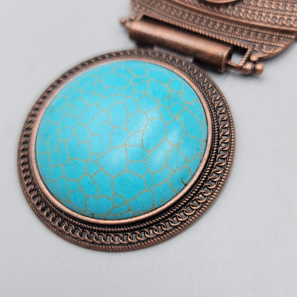 Large Medallion Statement Necklace Bronzetone Blue Howlite Pendant 18"