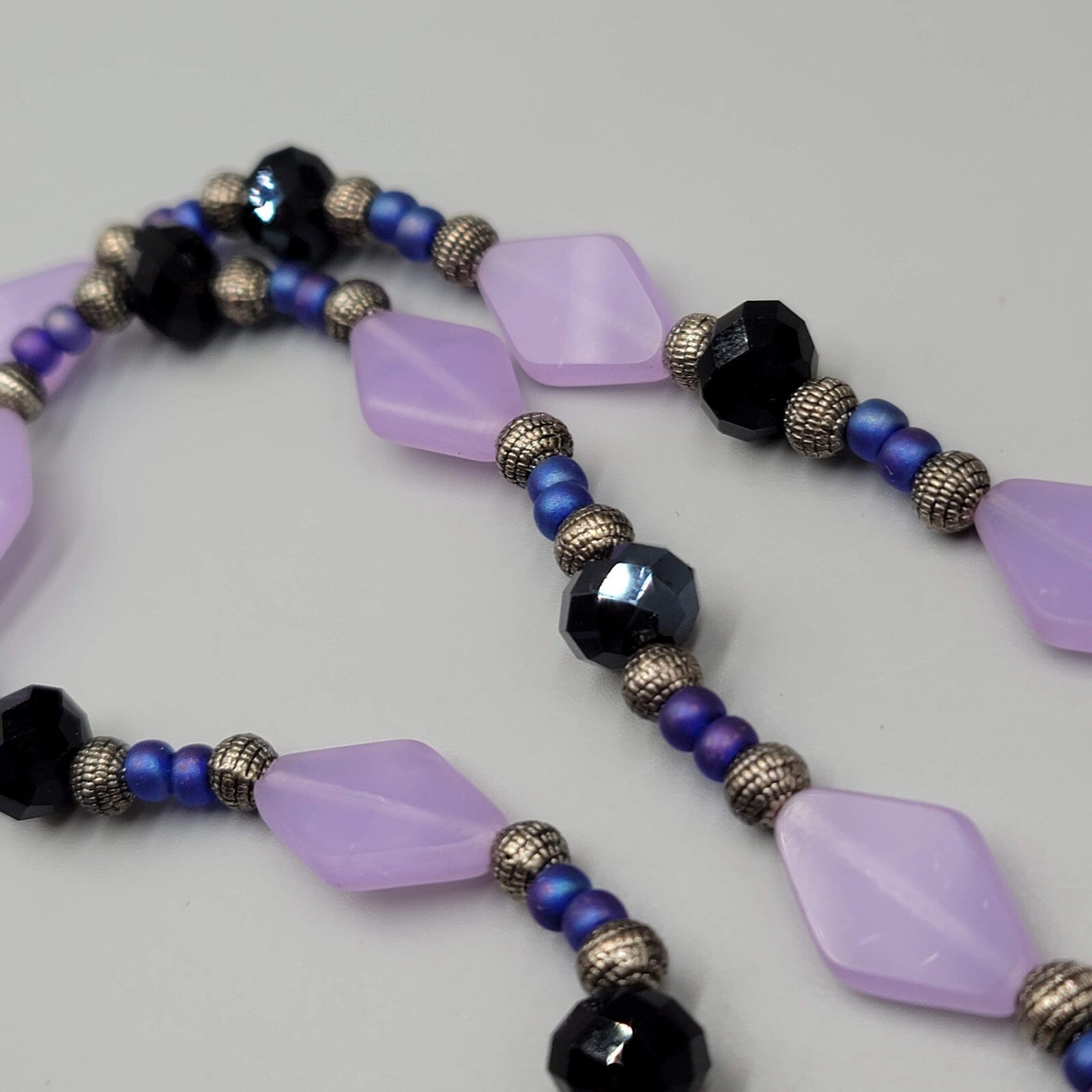 Purple Bead Pendant NecklaceSilver tone Black Beads  22"