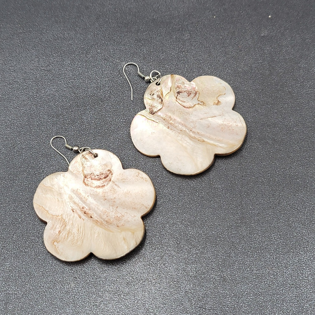 Flower Pierced Earrings Large Carved Shell Silver tone 2"