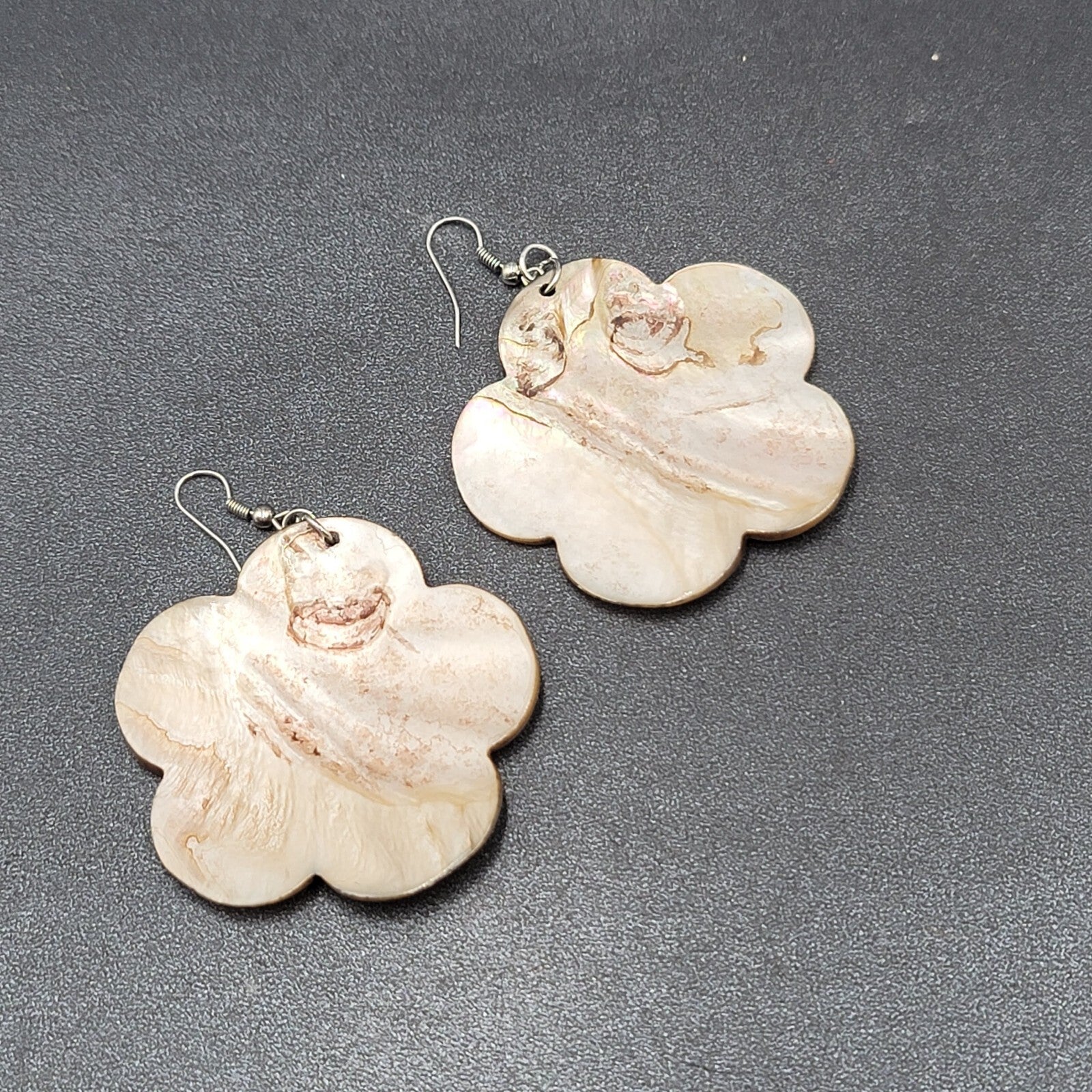Flower Pierced Earrings Large Carved Shell Silver tone 2"