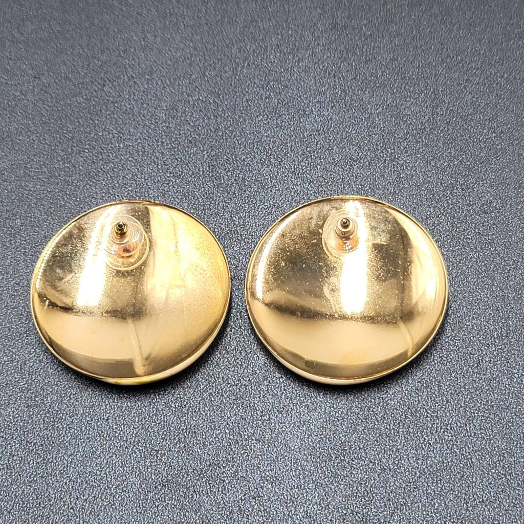 Vintage Pierced Earrings Large Round Yellow Blue Cream Enamel 1.75"