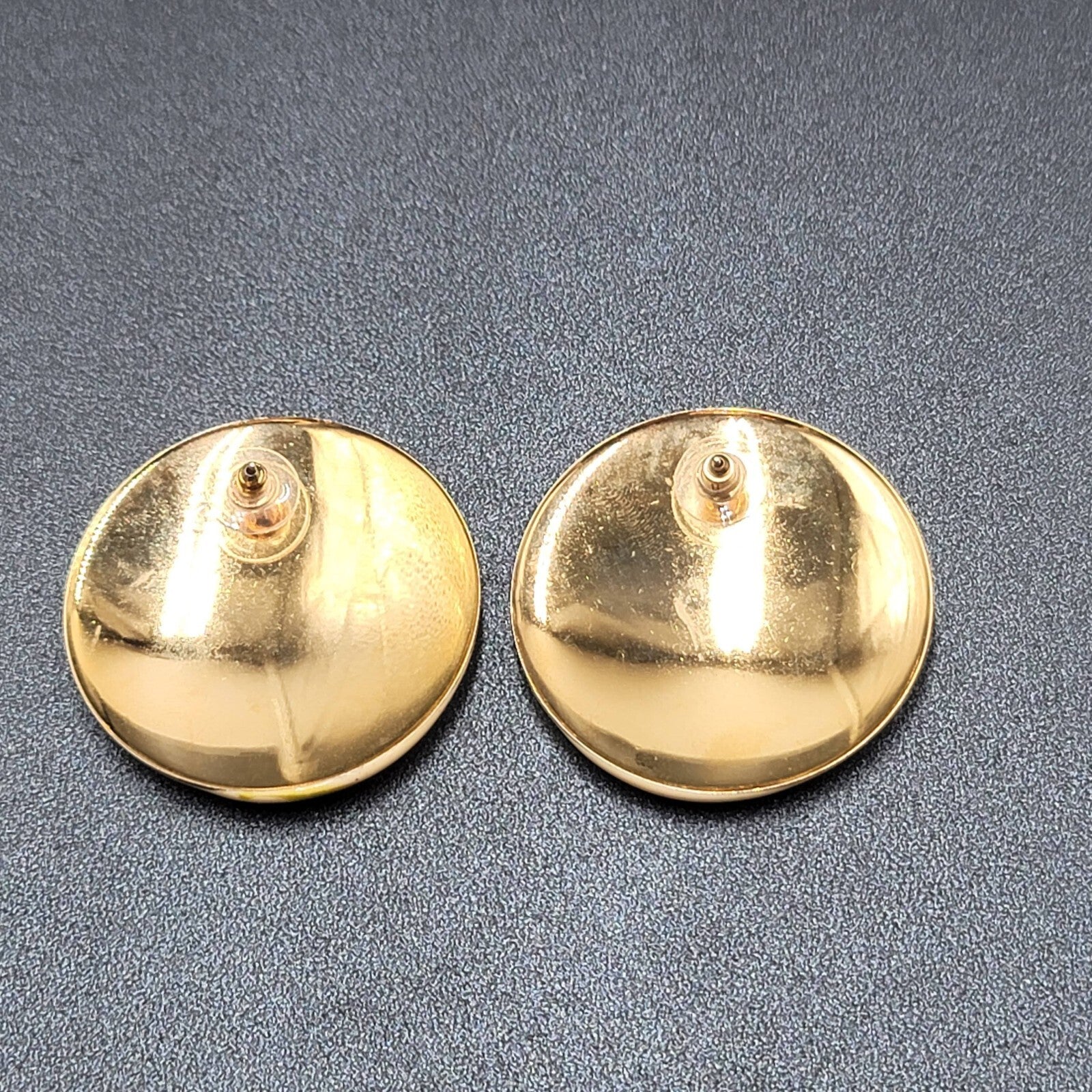 Vintage Pierced Earrings Large Round Yellow Blue Cream Enamel 1.75"