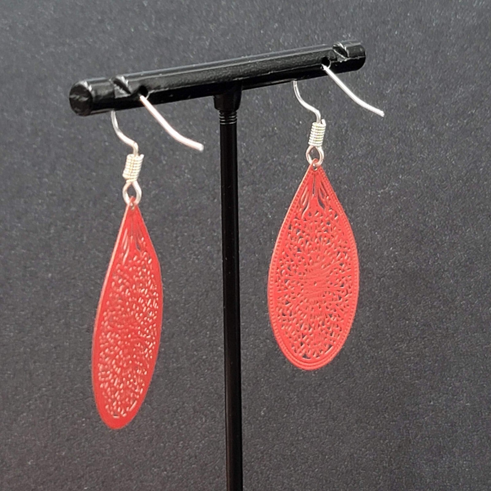 Pierced Earrings Silver tone Red Enamel Open Work Laser cut Teardrop 1 3/8"