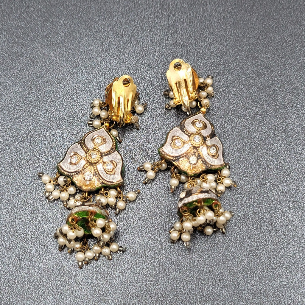 Clip on Earrings Large Enamel Guilloche Beaded Chandelier India Jewelry 2.75"