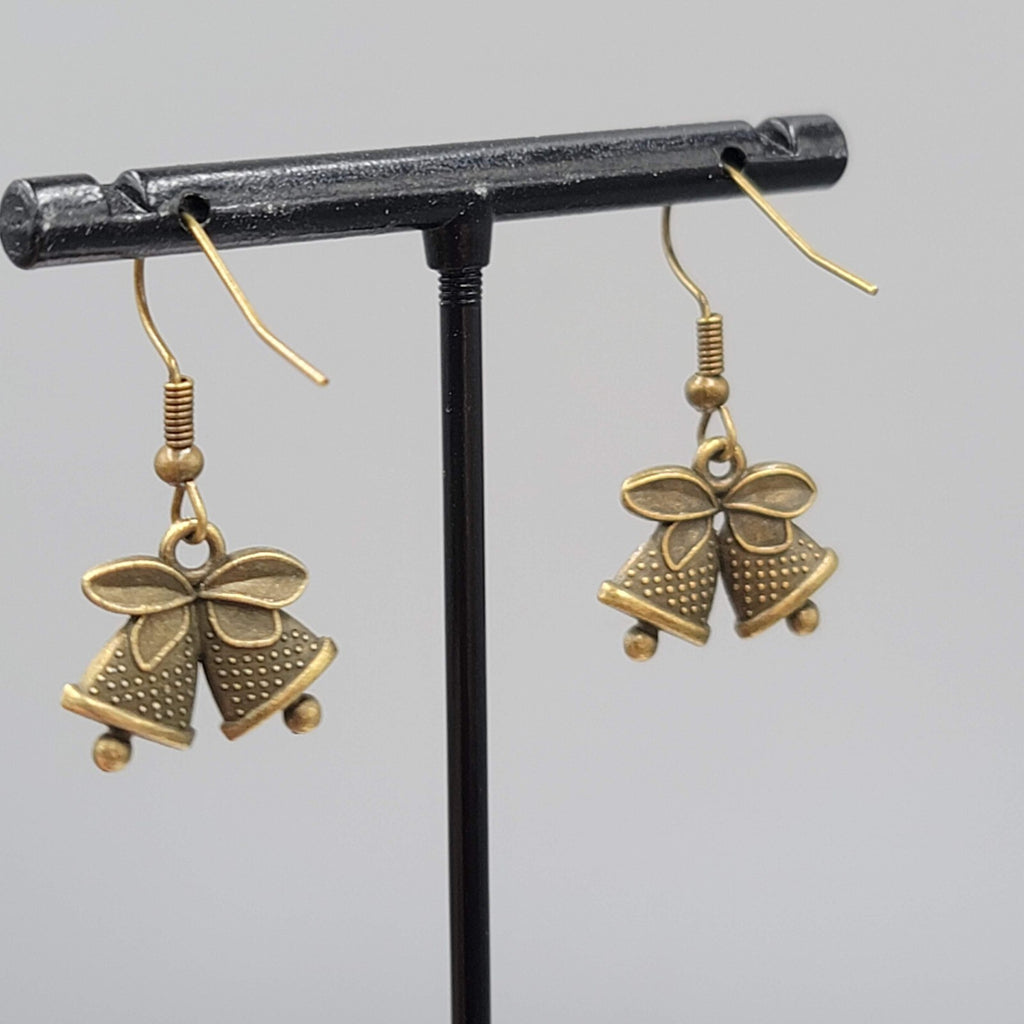 Bronze tone Pierced Earrings  Embossed Bells Holiday Celebration 1/2"