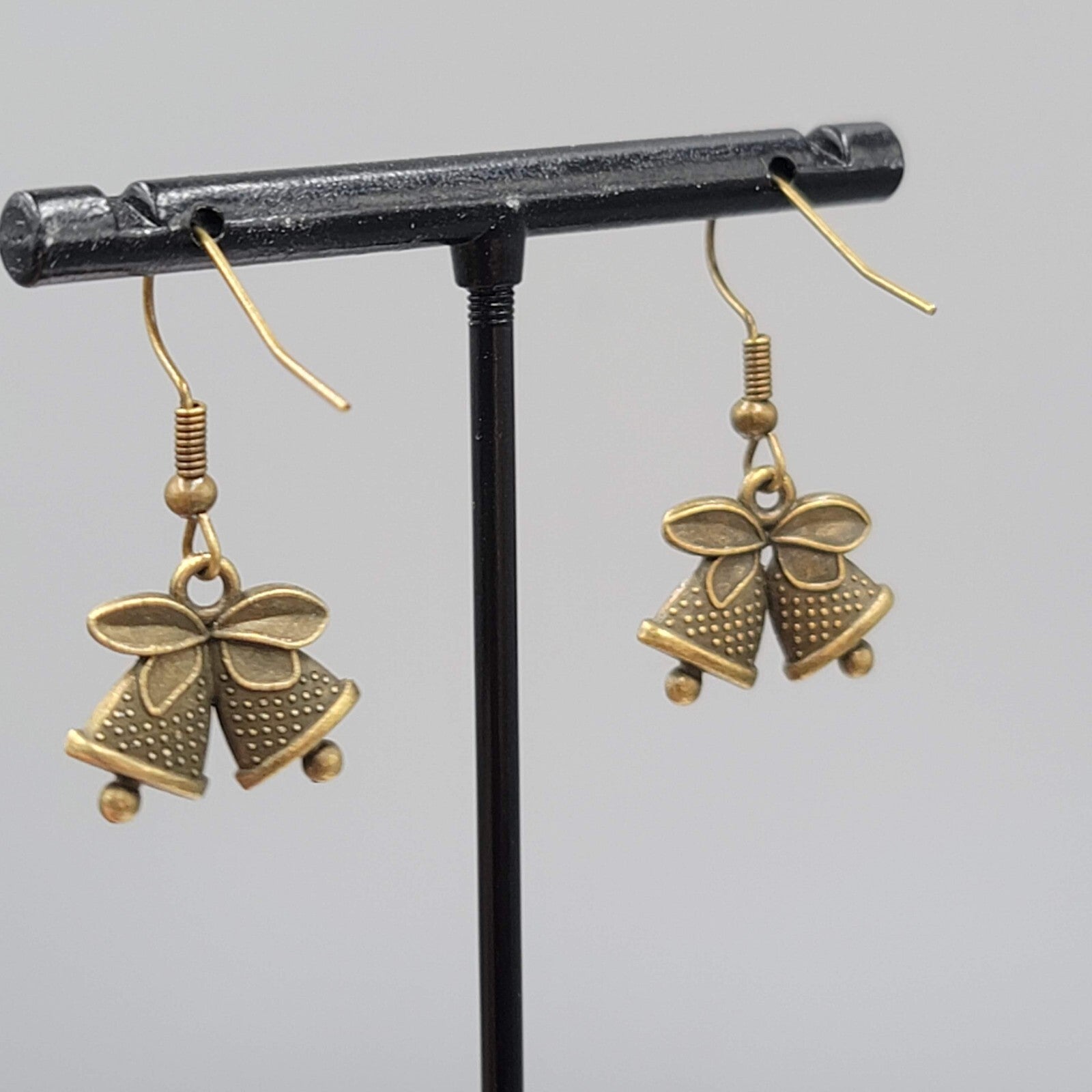 Bronze tone Pierced Earrings  Embossed Bells Holiday Celebration 1/2"