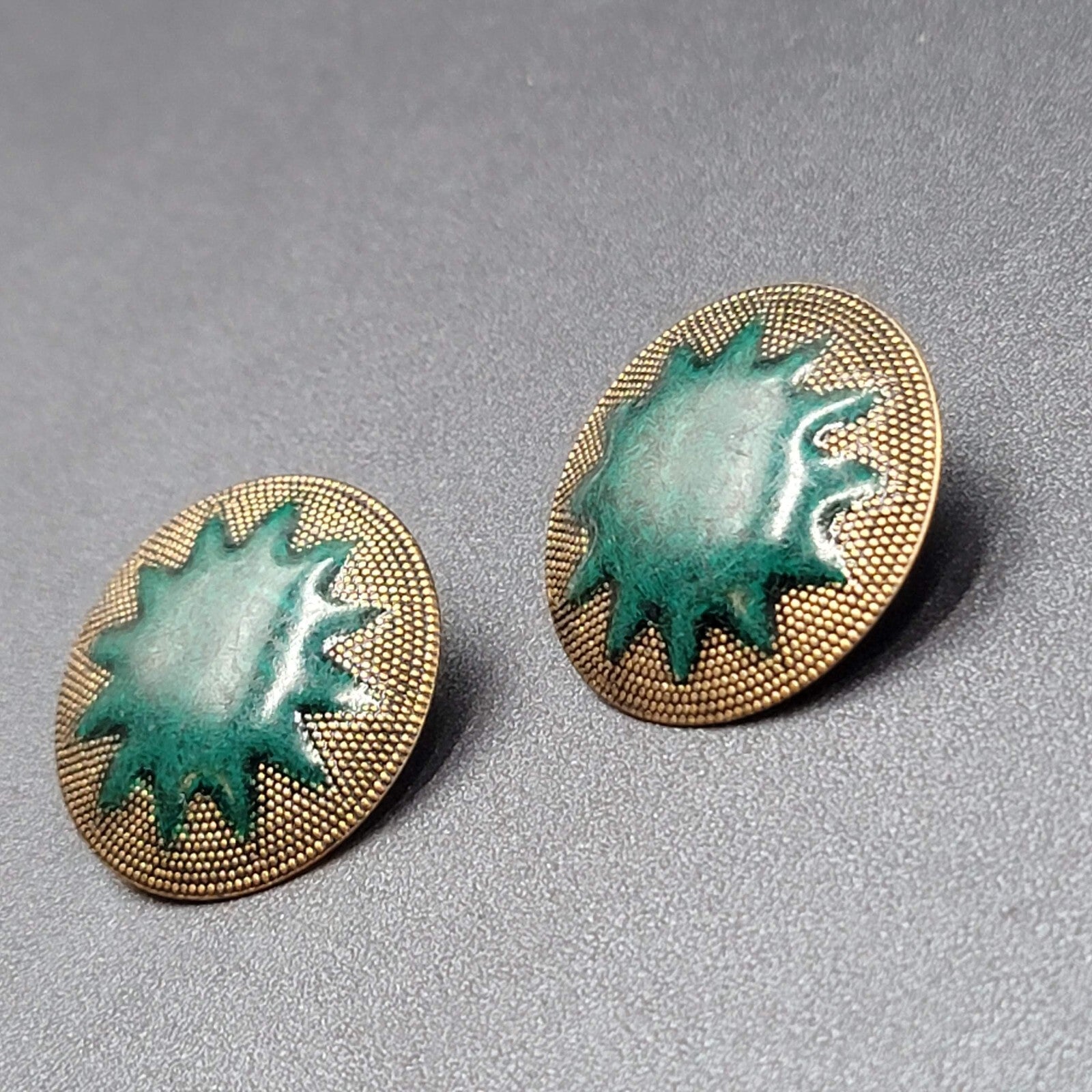 Vintage Pierced Earrings Large Gold tone Green Enamel Statement Round 1 3/8"