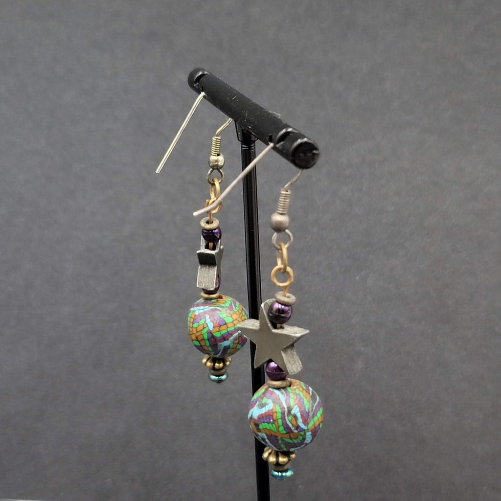 Pierced Earrings Star Bead Pottery Multicolor Bead 1.75"
