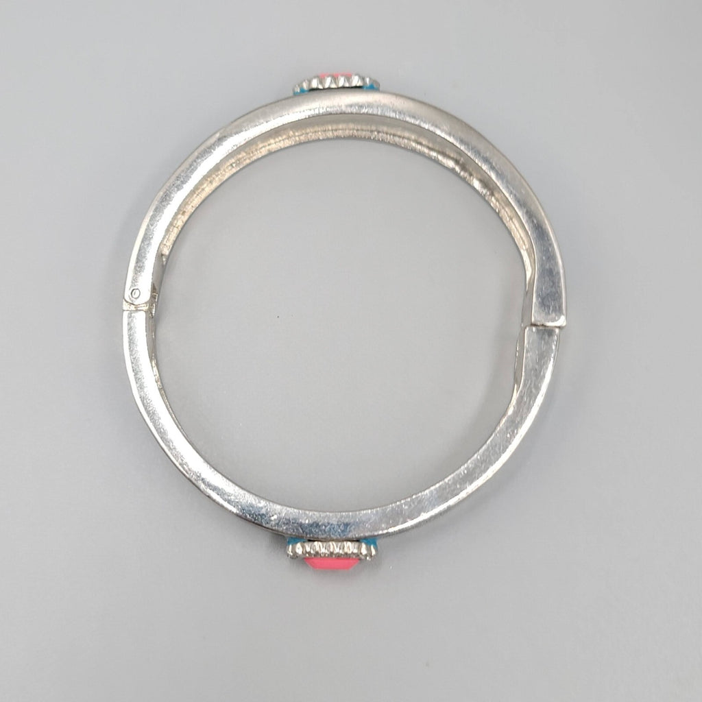Hinged Bangle Bracelet Silver tone Blue Enamel Pink Accent 7.25"