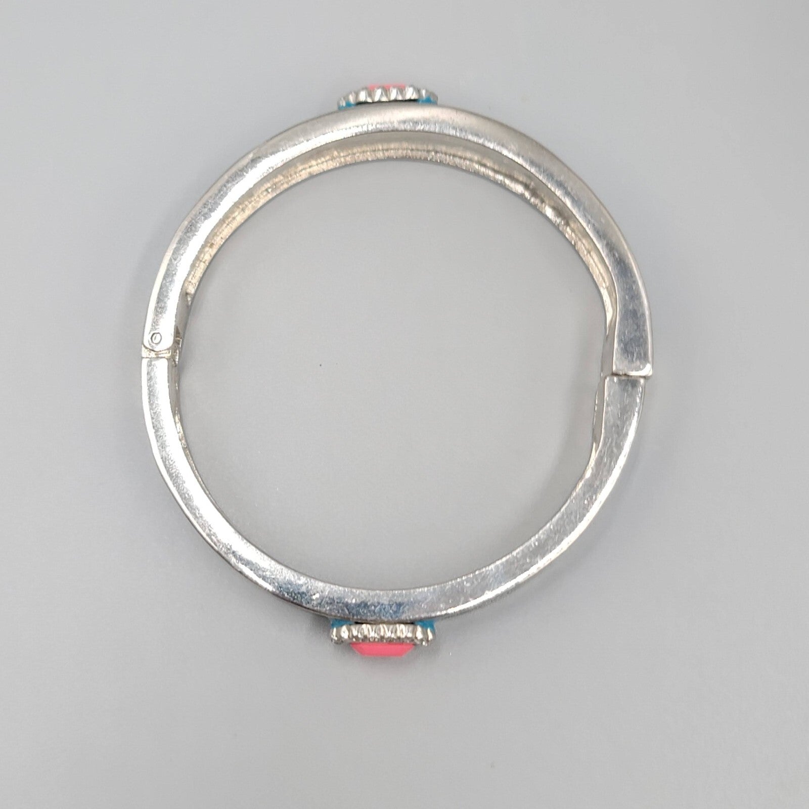 Hinged Bangle Bracelet Silver tone Blue Enamel Pink Accent 7.25"