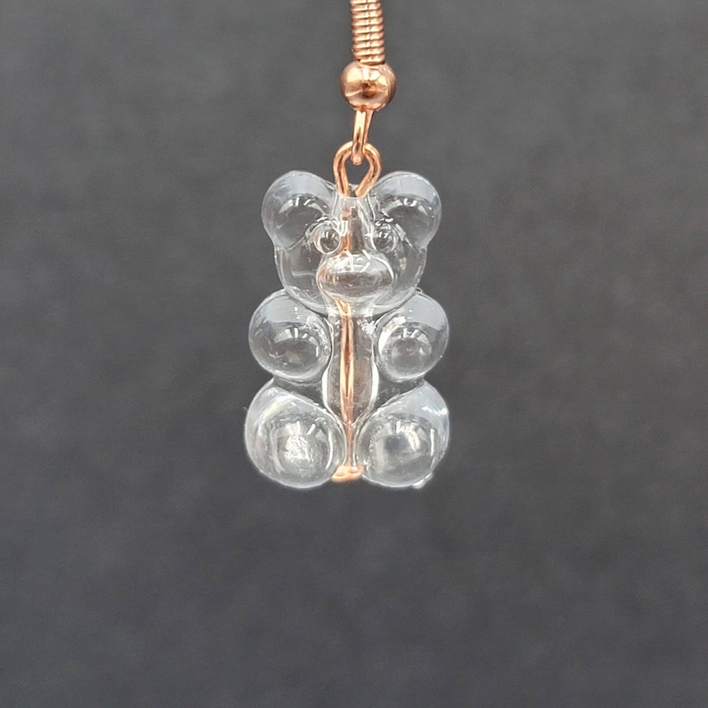 New Clear Gummy Bear Pierced Earrings Rose Gold tone Hooks Dangle 3/4"