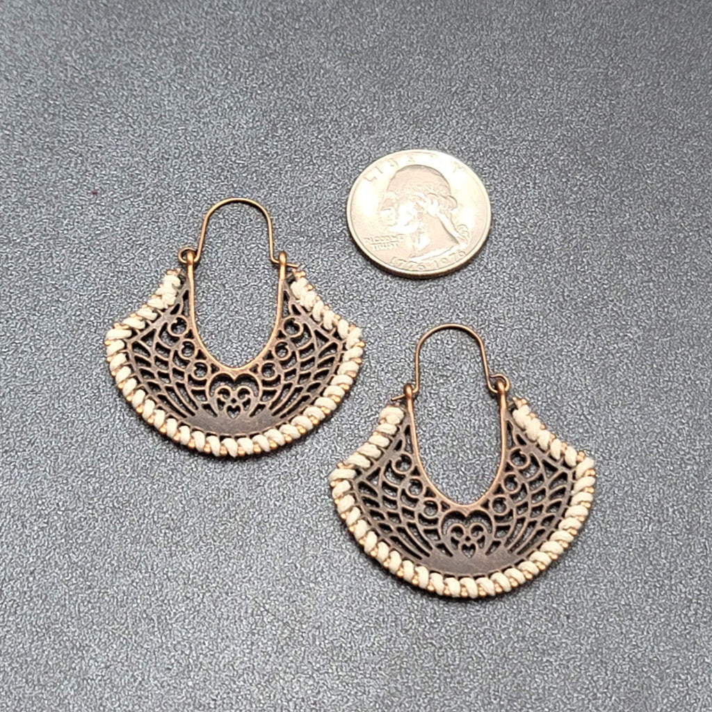 New Boho Pierced Earrings Bronze tone Open Work White Thread Hoops Dangle 1.75"