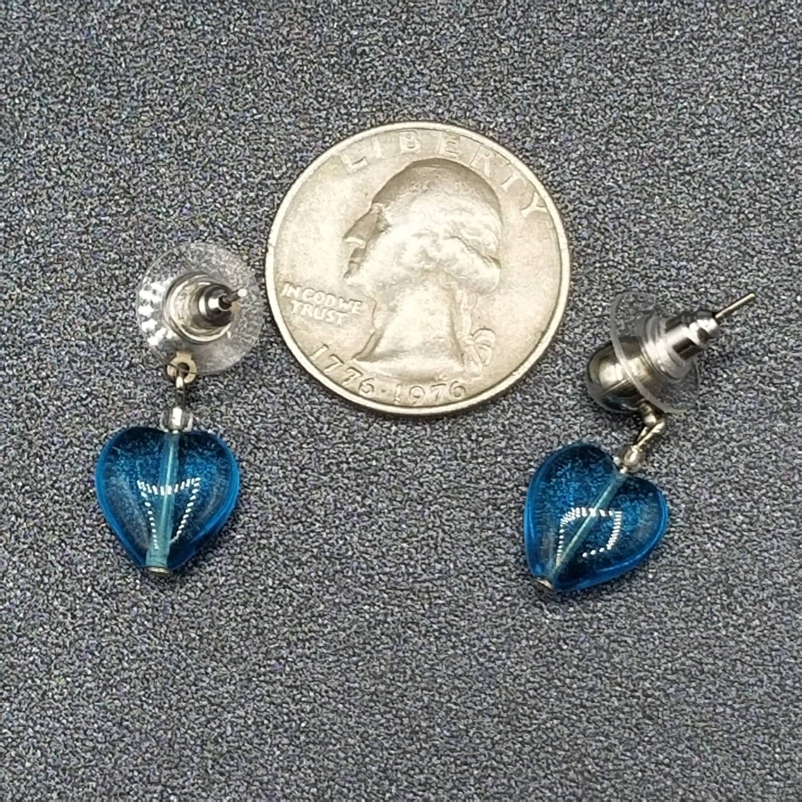 Pierced Earrings Silver tone Blue Crystal Heart Beaded Dangle 1"