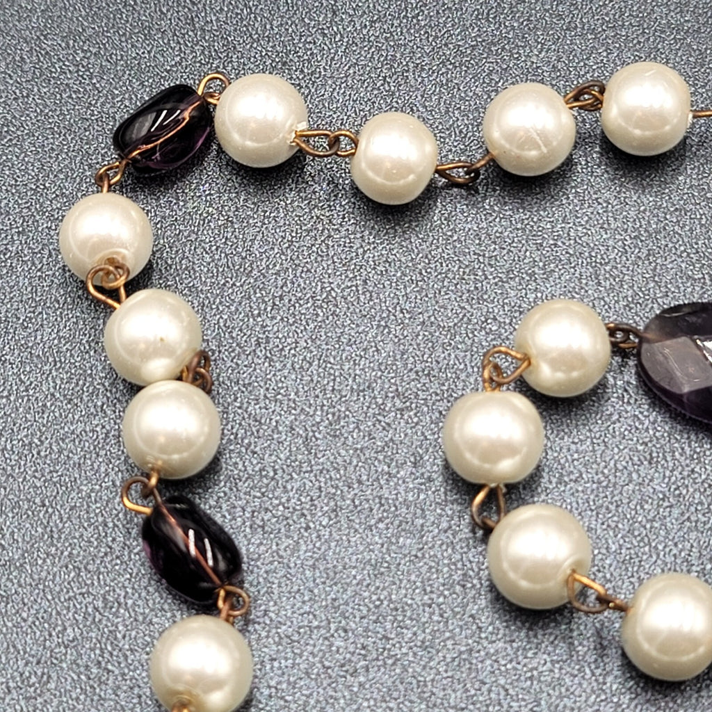 Long Necklace Faux Pearl Gold tone Wire Amethyst and Glass Beads 40"