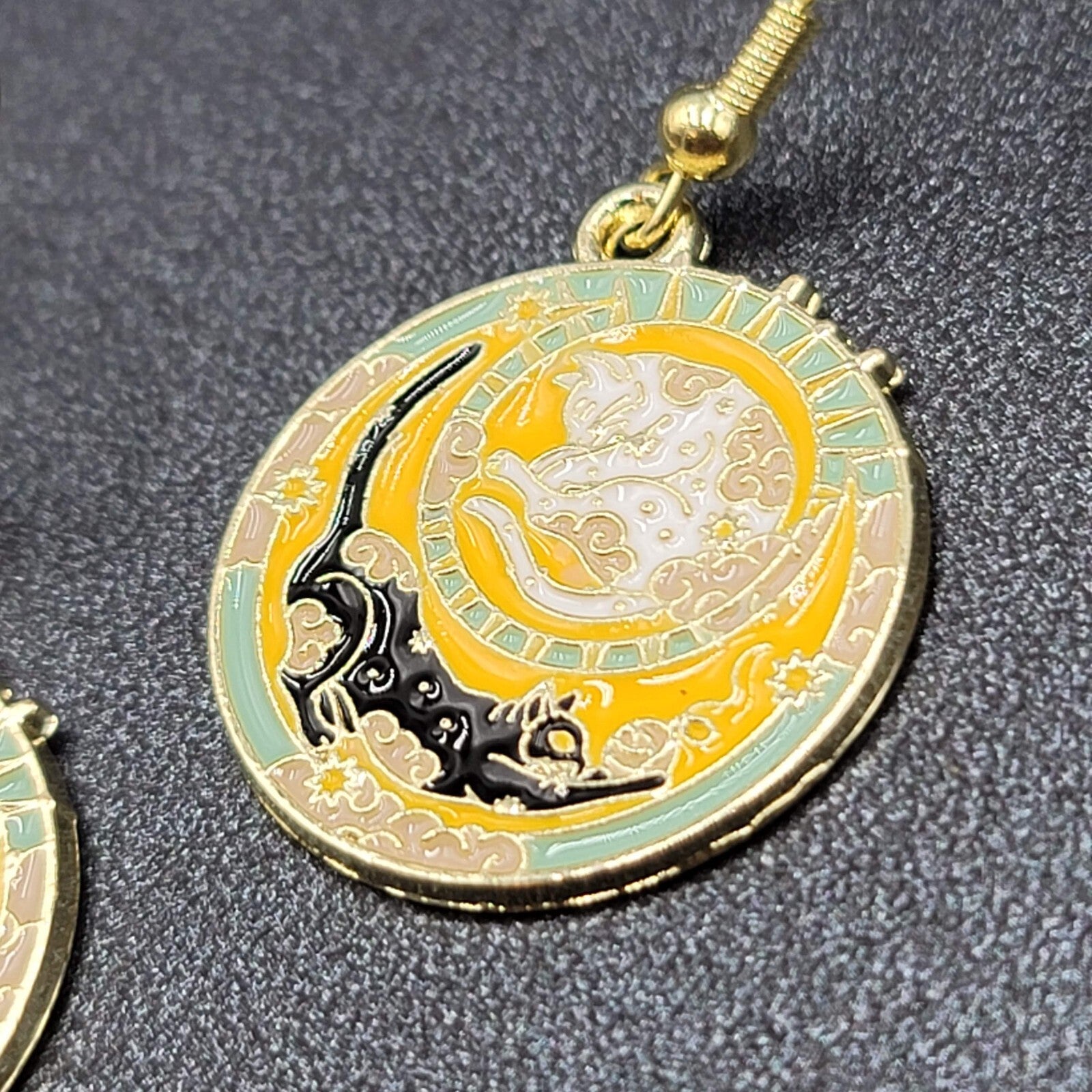 Pierced Earrings Gold tone Enamel Black Cat White Cat Sun Moon Dangle 1"