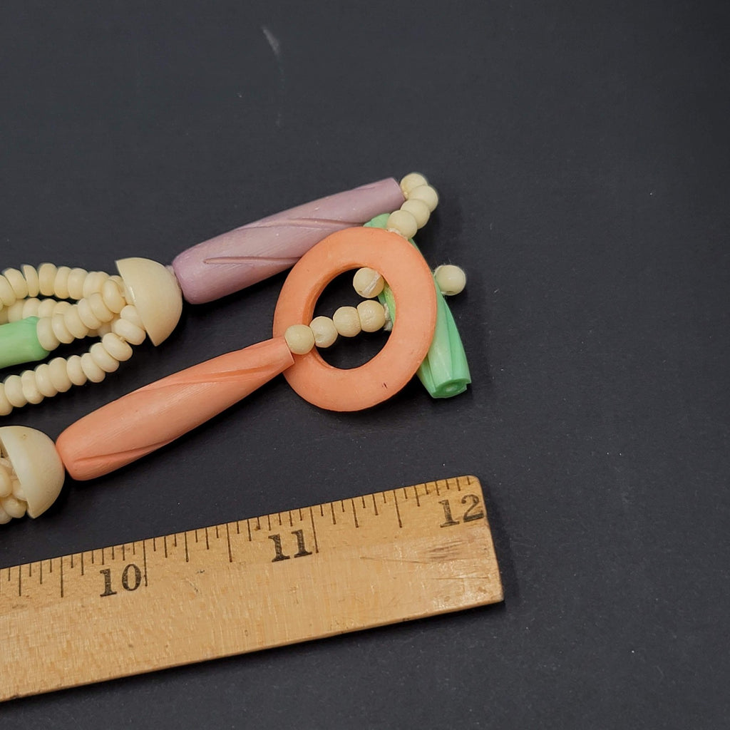 Vintage Multi Strand Beaded Necklace Carved Pastel Beads Toggle Clasp 24"